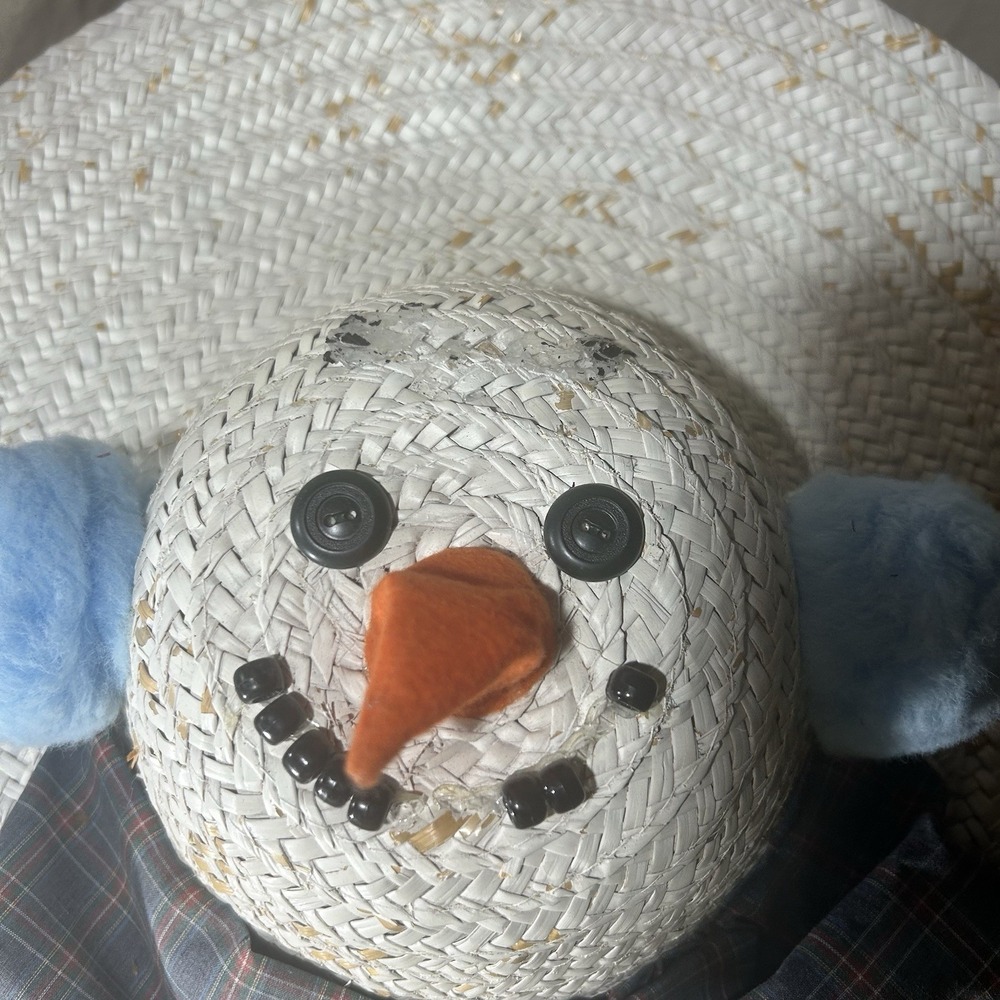 Vintage Snowman Straw Hat Christmas Holiday Novelty Wide Brim Handmade - Picture 8 of 9